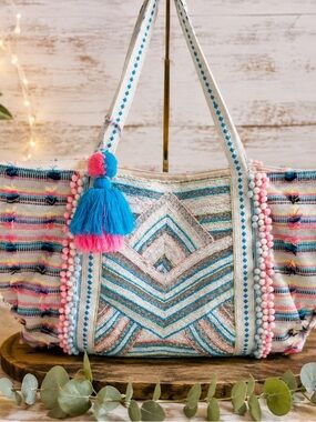 Boho Stripe Tassel Tote Bag in Pink & Turquoise free bag charm